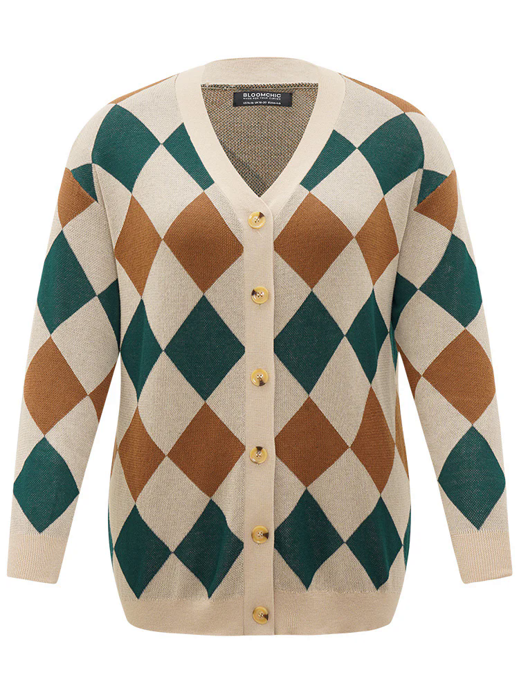 Argyle Plaid Contrast Button Up Cardigan Argyle Plaid Contrast Button Up Cardigan