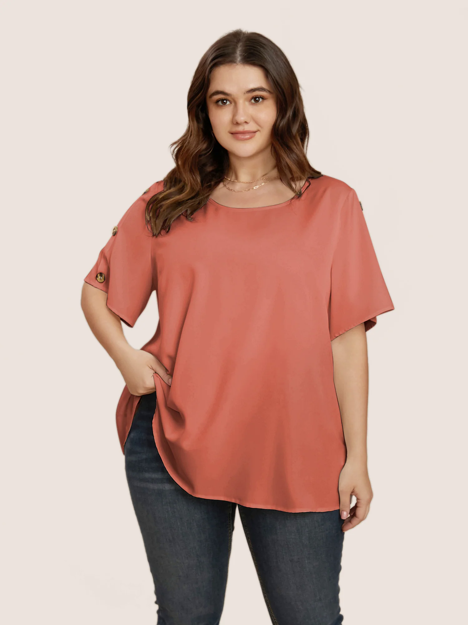 Plain Round Neck Button Detail Blouse Plain Round Neck Button Detail Blouse
