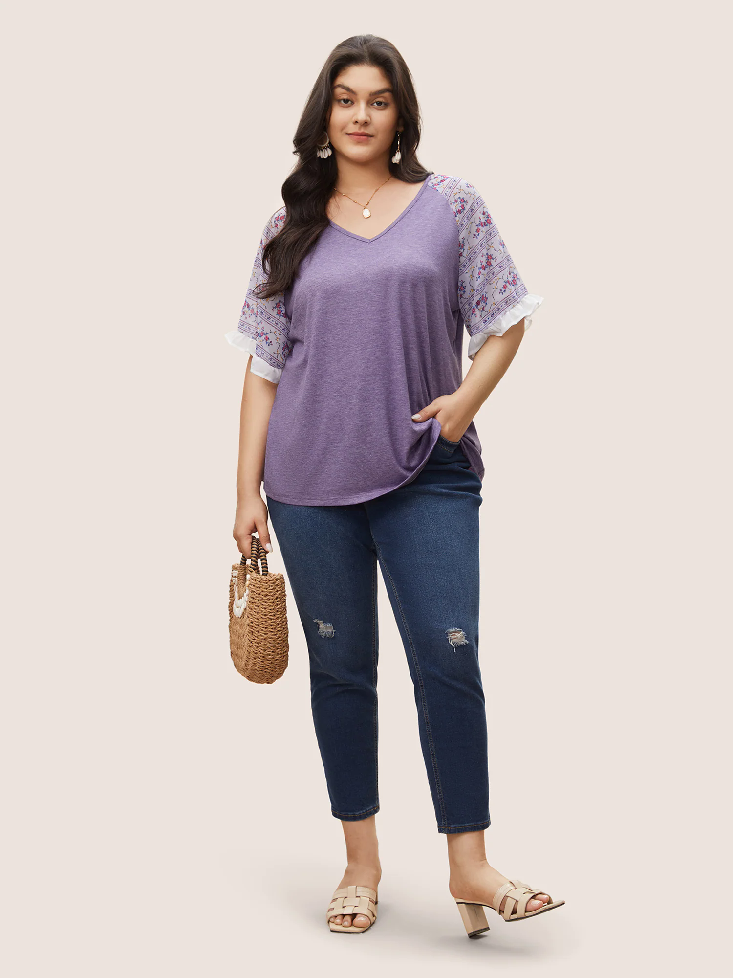 Ditsy Floral Patchwork Frill Trim Raglan Sleeve T-shirt Ditsy Floral Patchwork Frill Trim Raglan Sleeve T-shirt