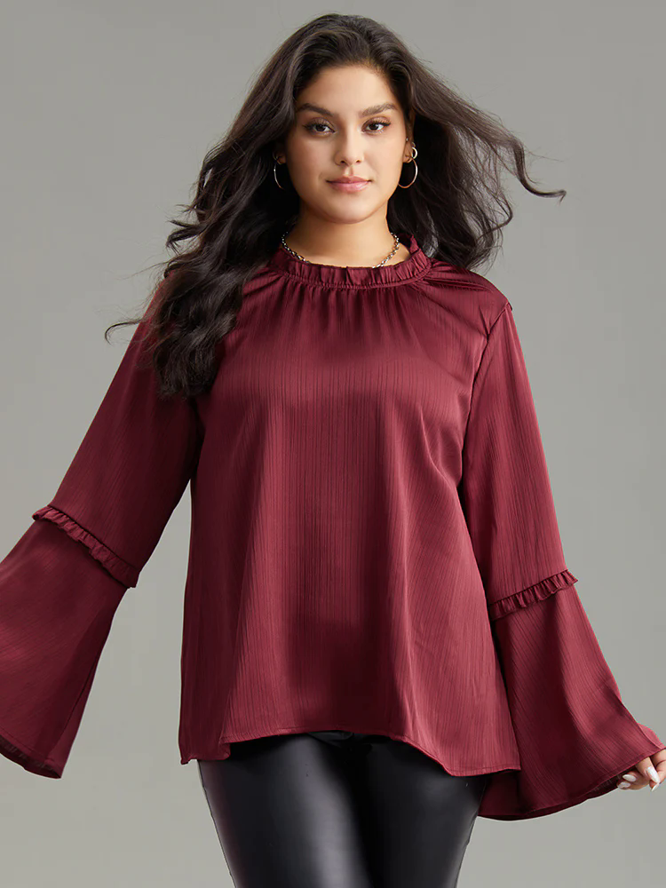 Anti-Wrinkle Plain Frill Trim Bell Sleeve Blouse Anti-Wrinkle Plain Frill Trim Bell Sleeve Blouse