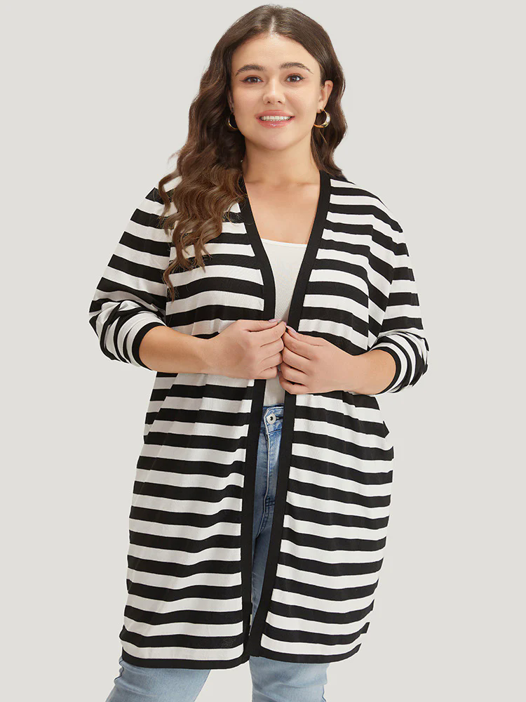 Striped Open Front Drop Shoulder Tunic Cardigan Striped Open Front Drop Shoulder Tunic Cardigan