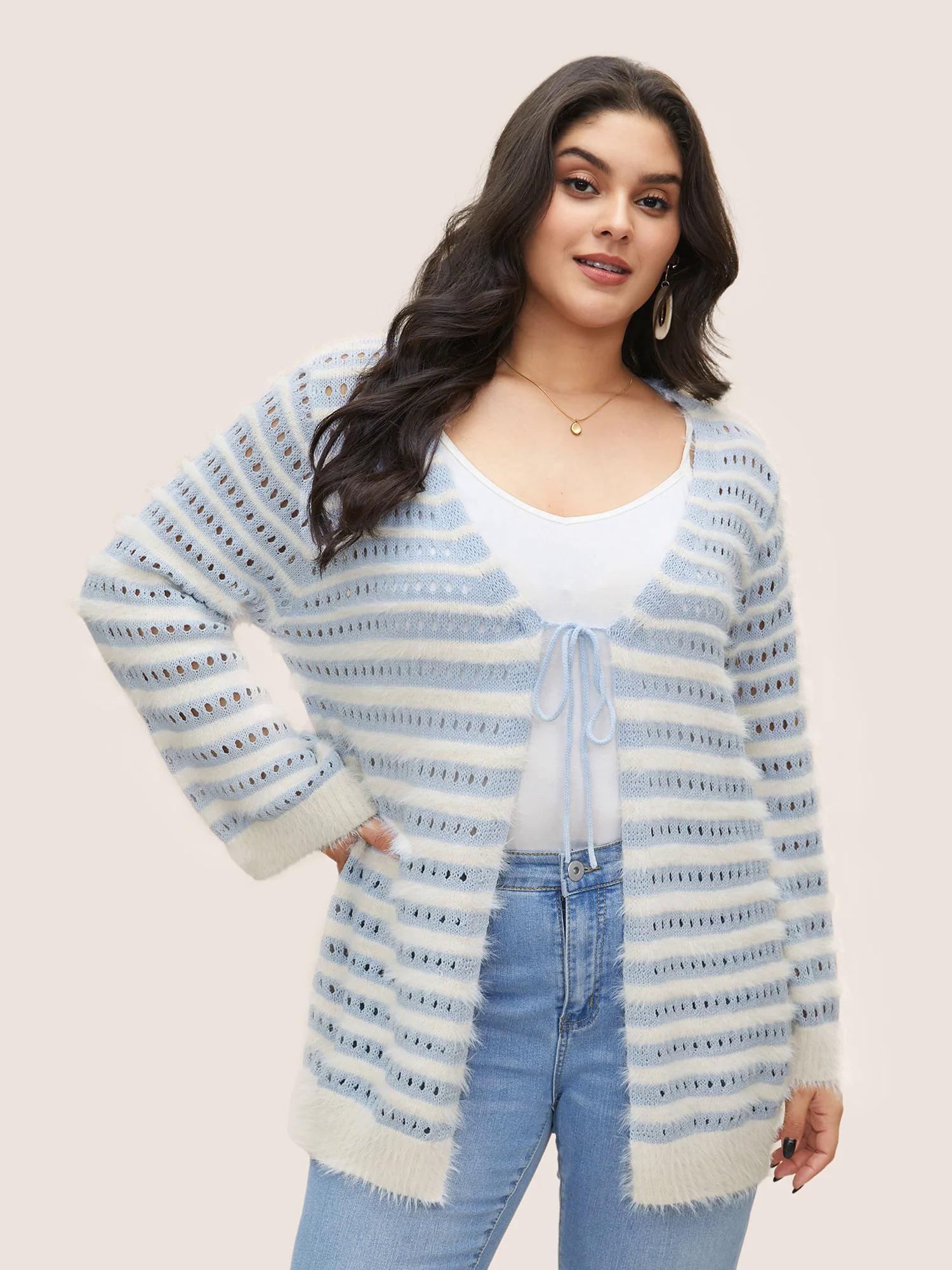 Striped Contrast Ties Front Eyelet Cardigan Striped Contrast Ties Front Eyelet Cardigan