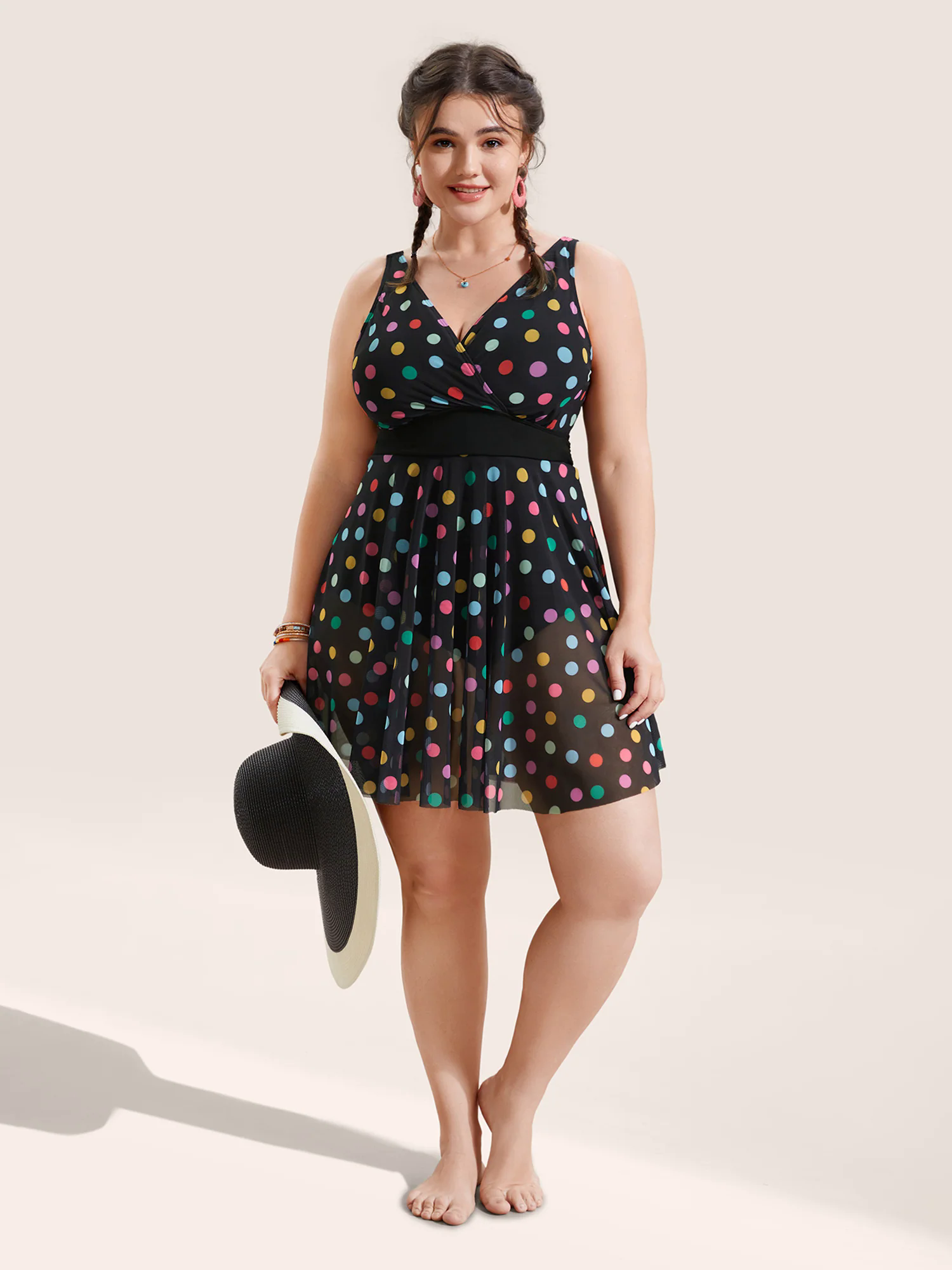 Overlap Collar Colored Polka Dot Swim Dress Overlap Collar Colored Polka Dot Swim Dress