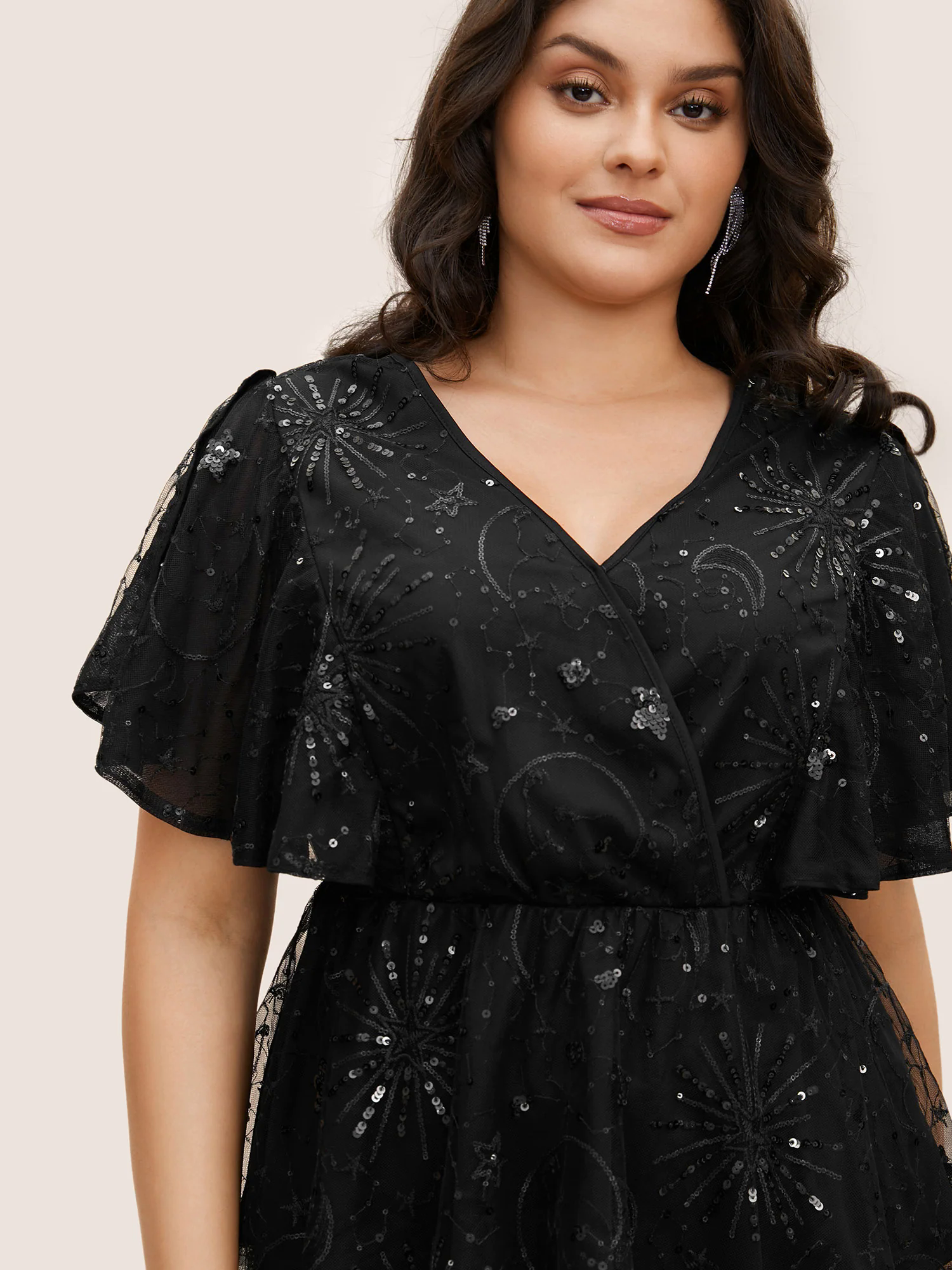 Overlap Collar Star Sequin Mesh Embroidered T-shirt Overlap Collar Star Sequin Mesh Embroidered T-shirt