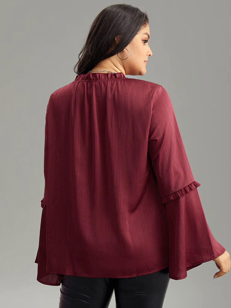 Anti-Wrinkle Plain Frill Trim Bell Sleeve Blouse Anti-Wrinkle Plain Frill Trim Bell Sleeve Blouse