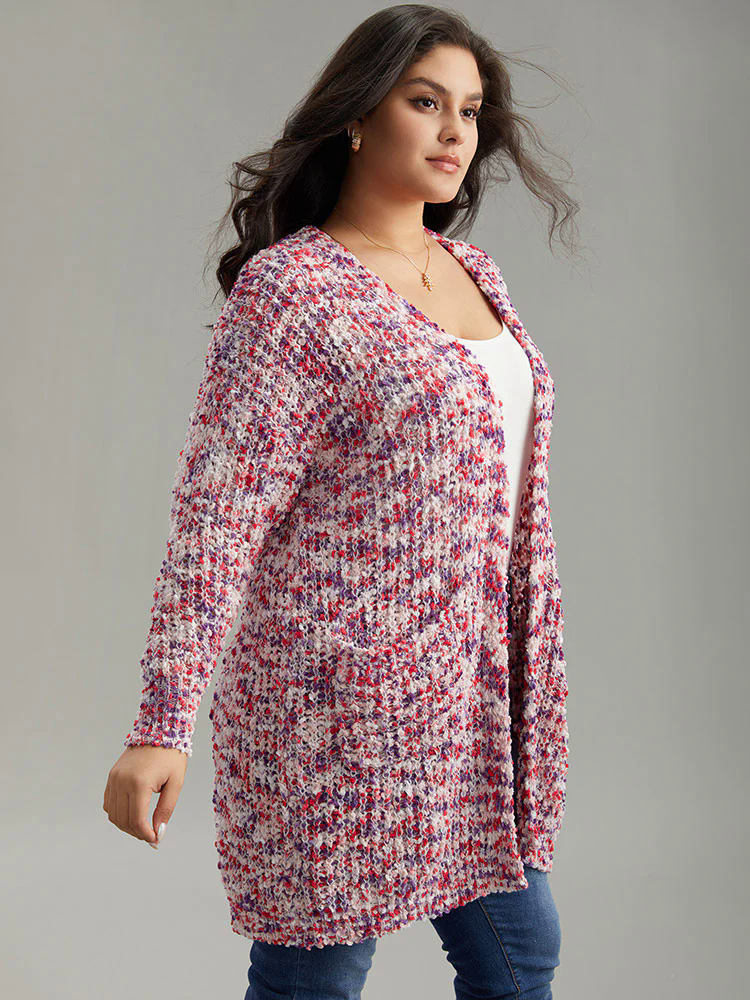 Contrast Fuzzy Open Front Patched Pocket Cardigan Contrast Fuzzy Open Front Patched Pocket Cardigan