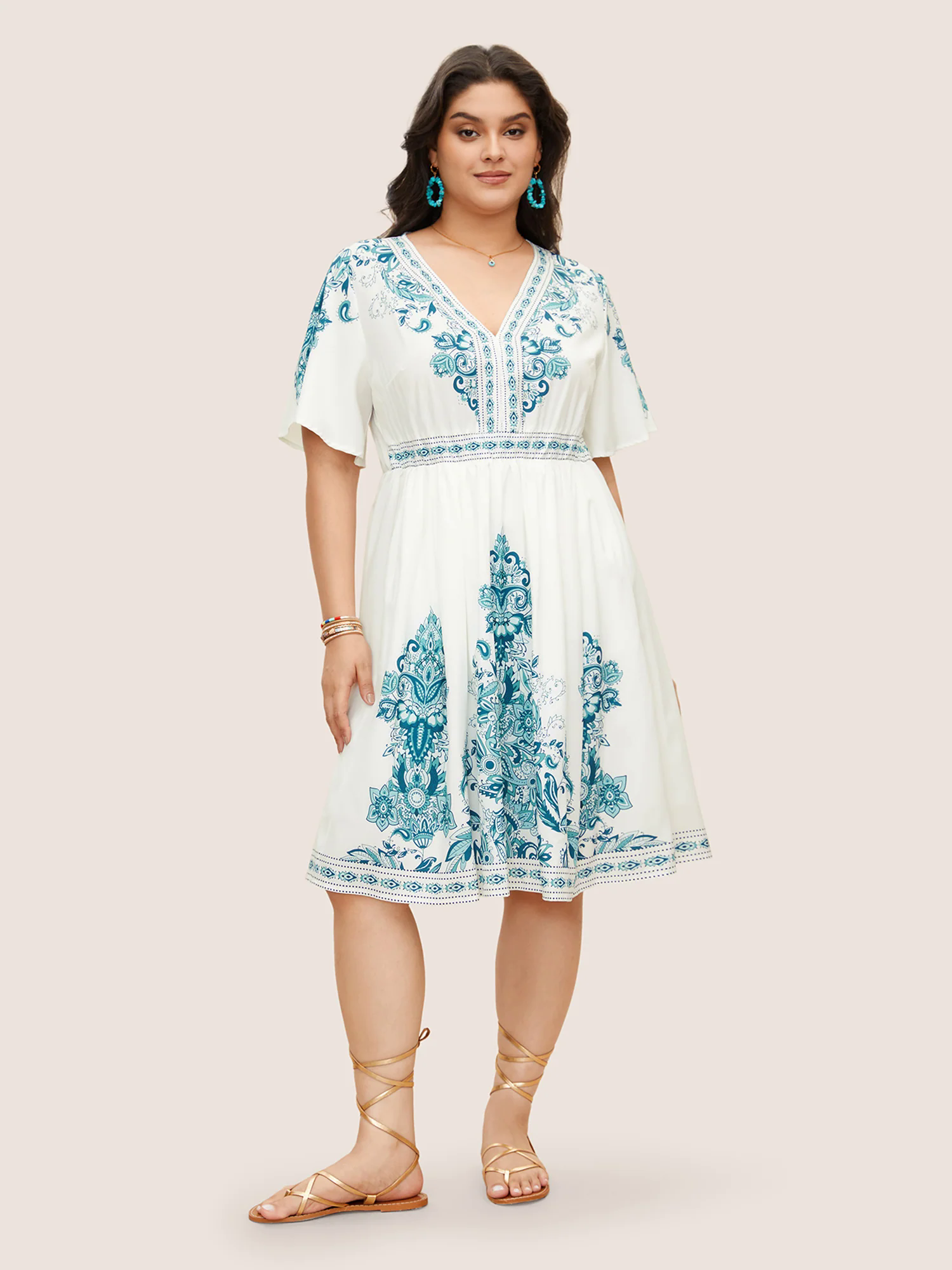 Bandana Print Ruffle Sleeve V Neck Pocket Knee Dress