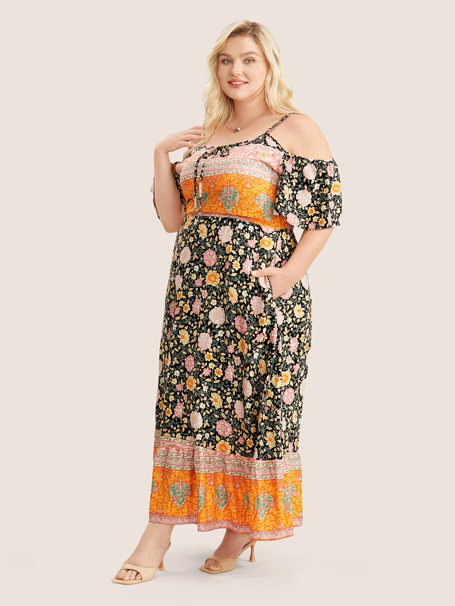 Floral Print Pocket Keyhole Ruffles Cold Shoulder Maxi Dress Floral Print Pocket Keyhole Ruffles Cold Shoulder Maxi Dress