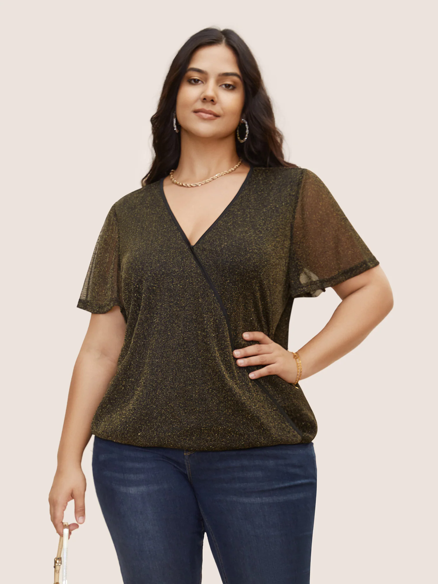 Overlap Collar Metallic Luster Knitted Mesh Blouse Overlap Collar Metallic Luster Knitted Mesh Blouse