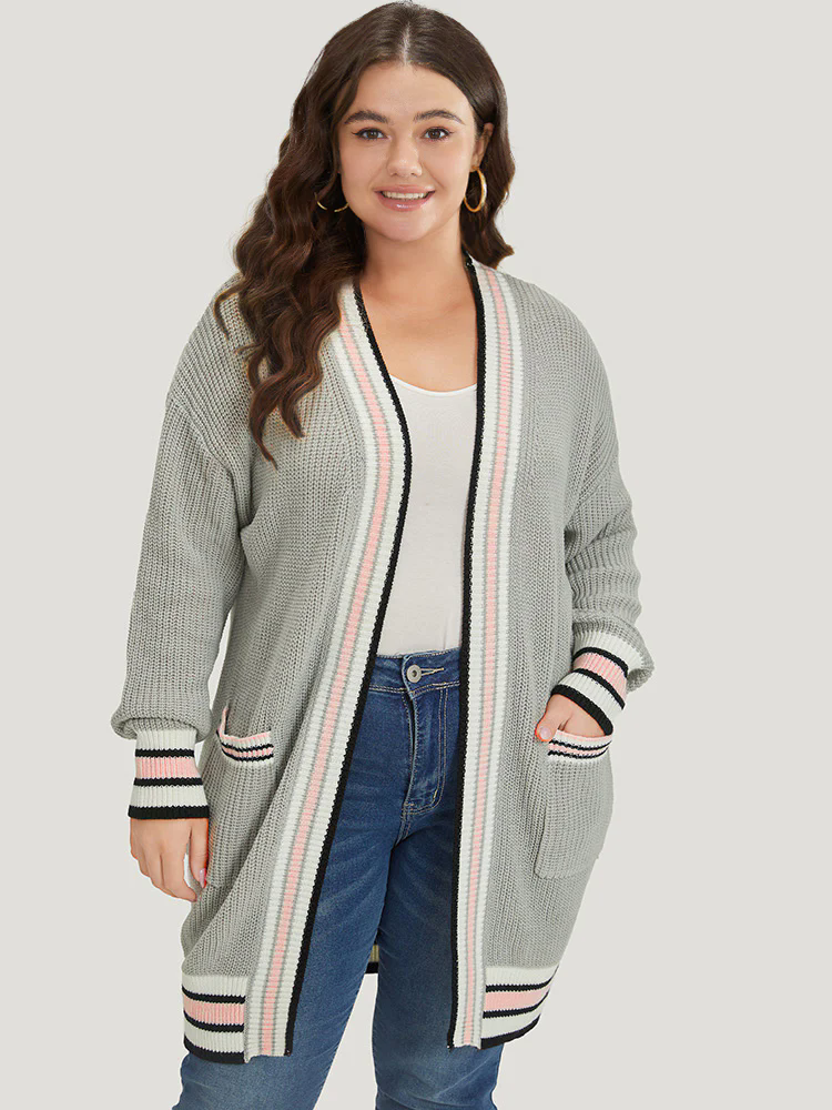 Striped Contrast Drop Shoulder Elastic Cuffs Cardigan Striped Contrast Drop Shoulder Elastic Cuffs Cardigan
