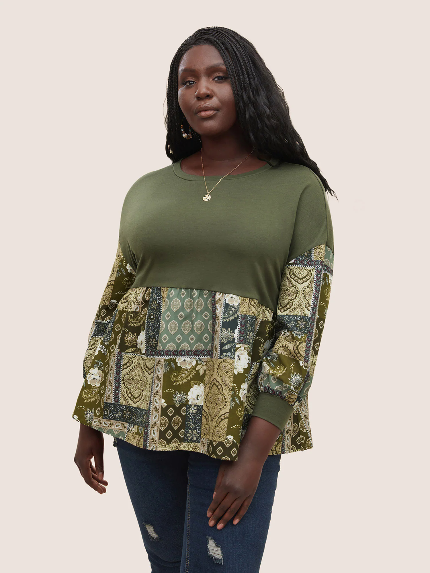Boho Print Patchwork Lantern Sleeve T-shirt Boho Print Patchwork Lantern Sleeve T-shirt