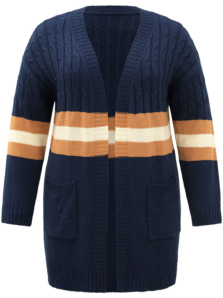 Cable Knit Colorblock Contrast Open Front Cardigan Cable Knit Colorblock Contrast Open Front Cardigan