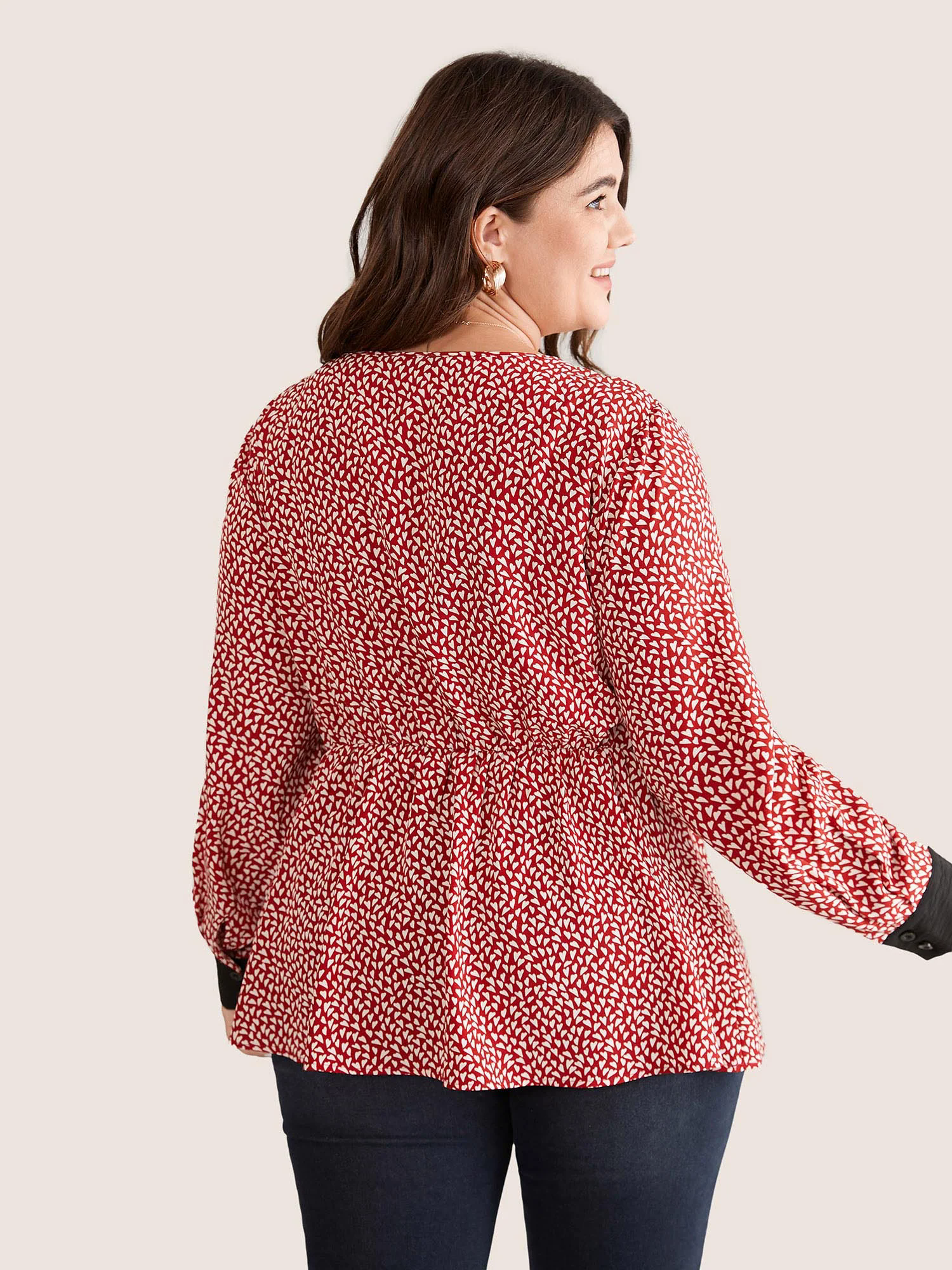 Heart Print Bowknot Elastic Waist Blouse Heart Print Bowknot Elastic Waist Blouse