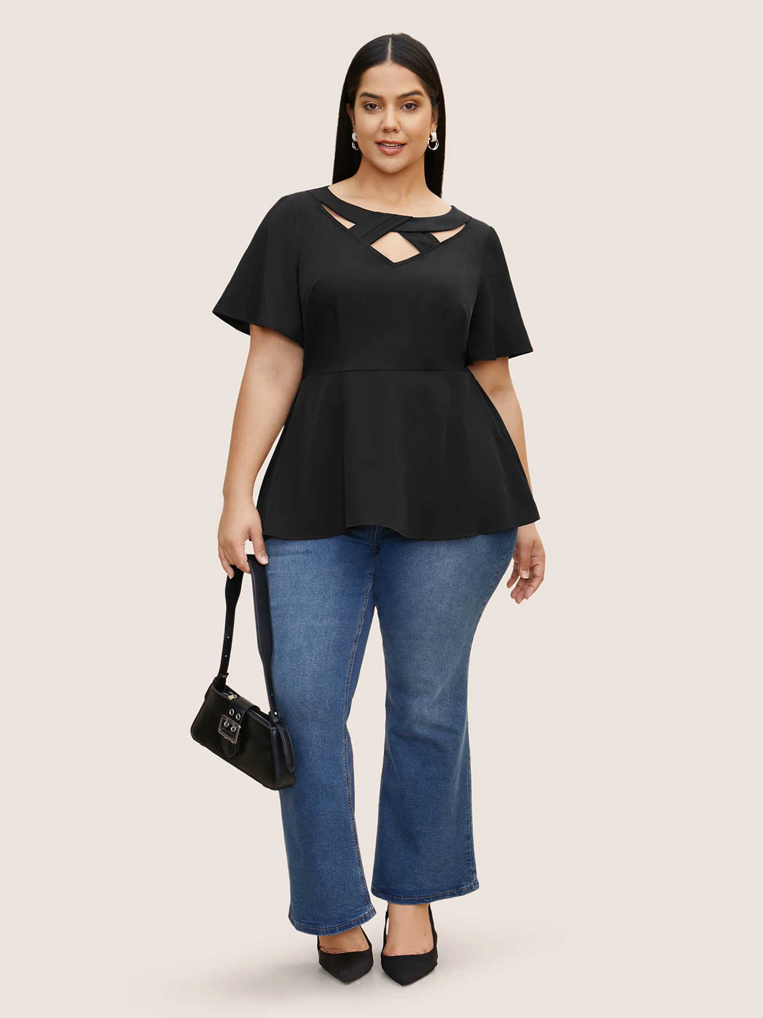 Plain Cut Out Gathered Flutter Sleeve Blouse Plain Cut Out Gathered Flutter Sleeve Blouse