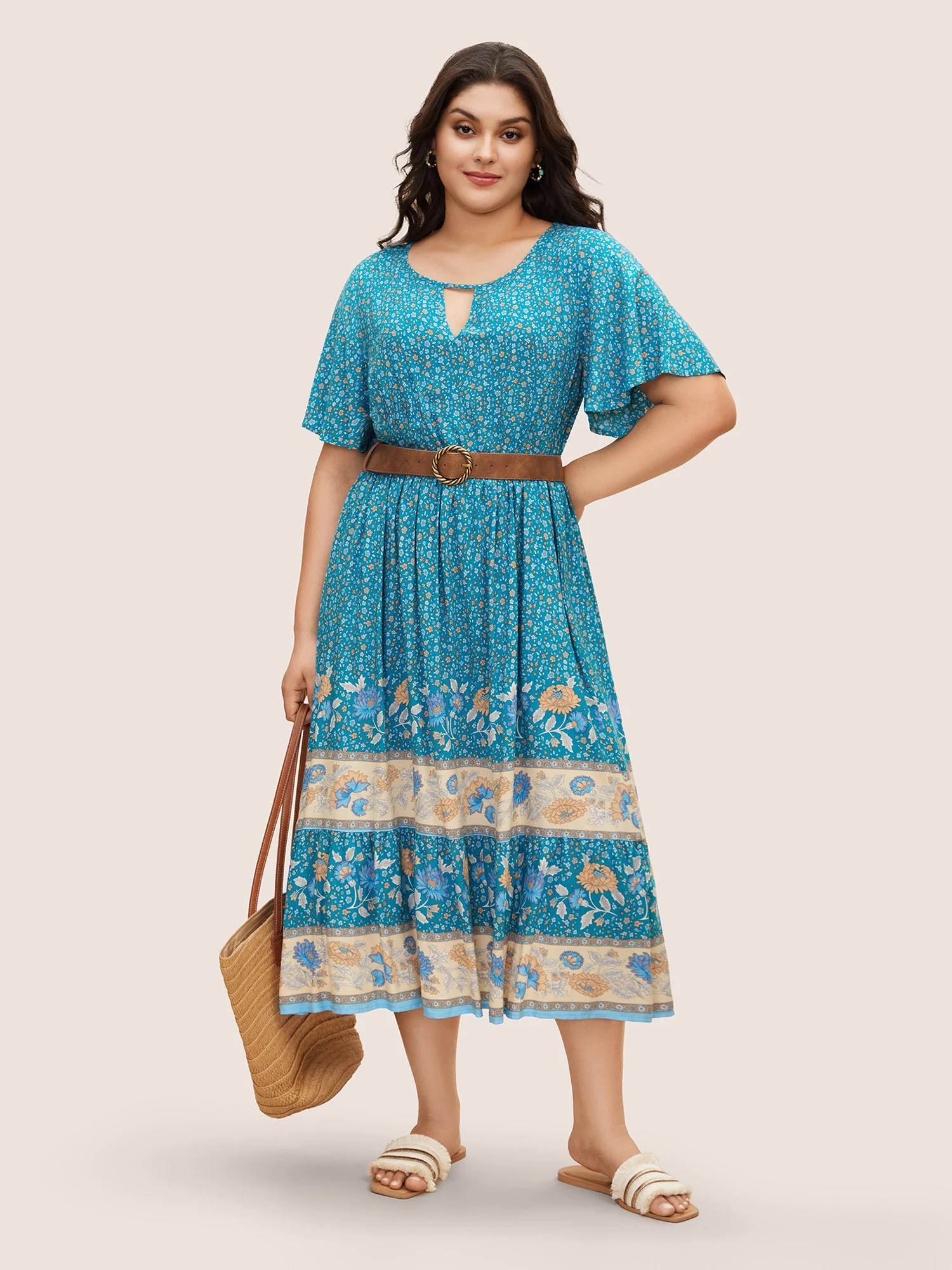 Bandana Keyhole Ruffle Sleeve Midi Dress Bandana Keyhole Ruffle Sleeve Midi Dress
