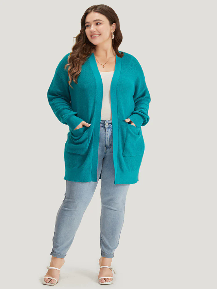 Solid Open Front Patched Pocket Cardigan Solid Open Front Patched Pocket Cardigan