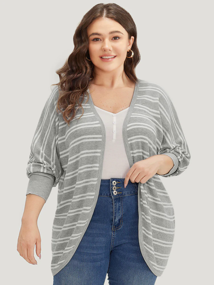 Striped Elastic Cuffs Arc Hem Cardigan Striped Elastic Cuffs Arc Hem Cardigan