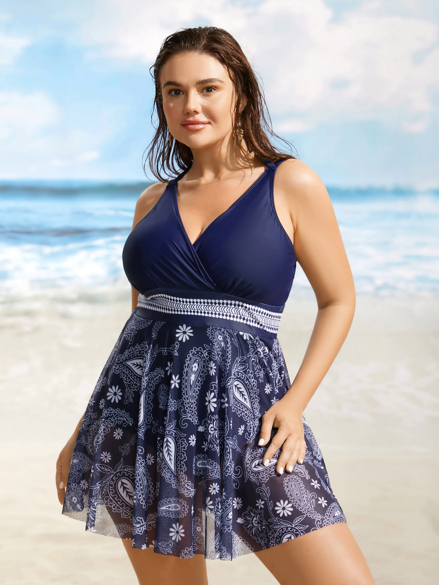 Overlap Collar Bandana Print Mesh Swim Dress Overlap Collar Bandana Print Mesh Swim Dress