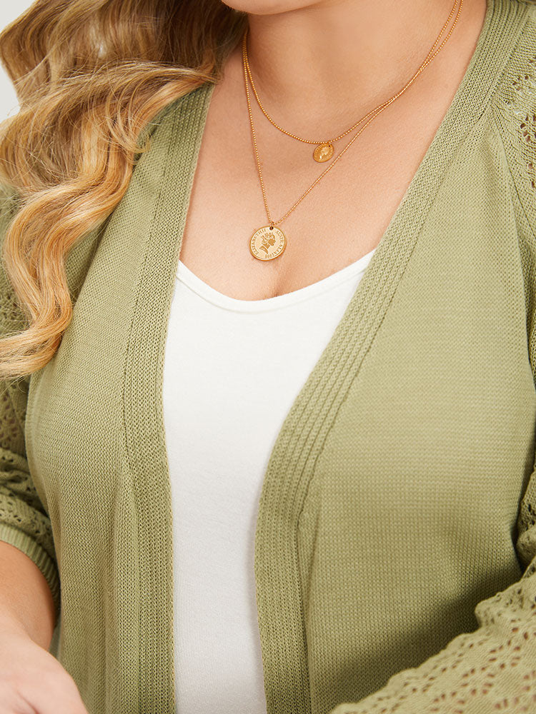 Solid Patched Pocket Geometric Eyelet Raglan Sleeve Cardigan Solid Patched Pocket Geometric Eyelet Raglan Sleeve Cardigan