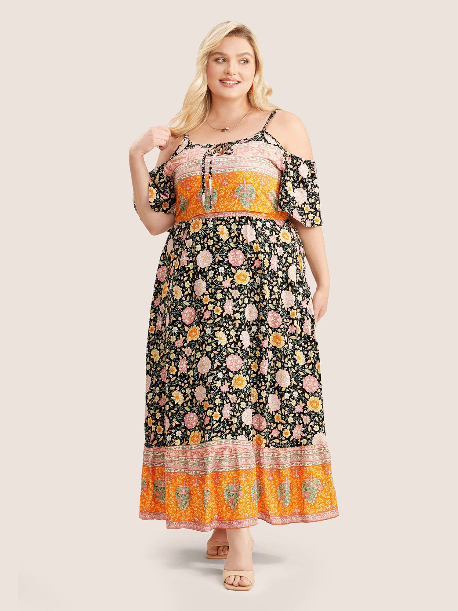 Floral Print Pocket Keyhole Ruffles Cold Shoulder Maxi Dress Floral Print Pocket Keyhole Ruffles Cold Shoulder Maxi Dress