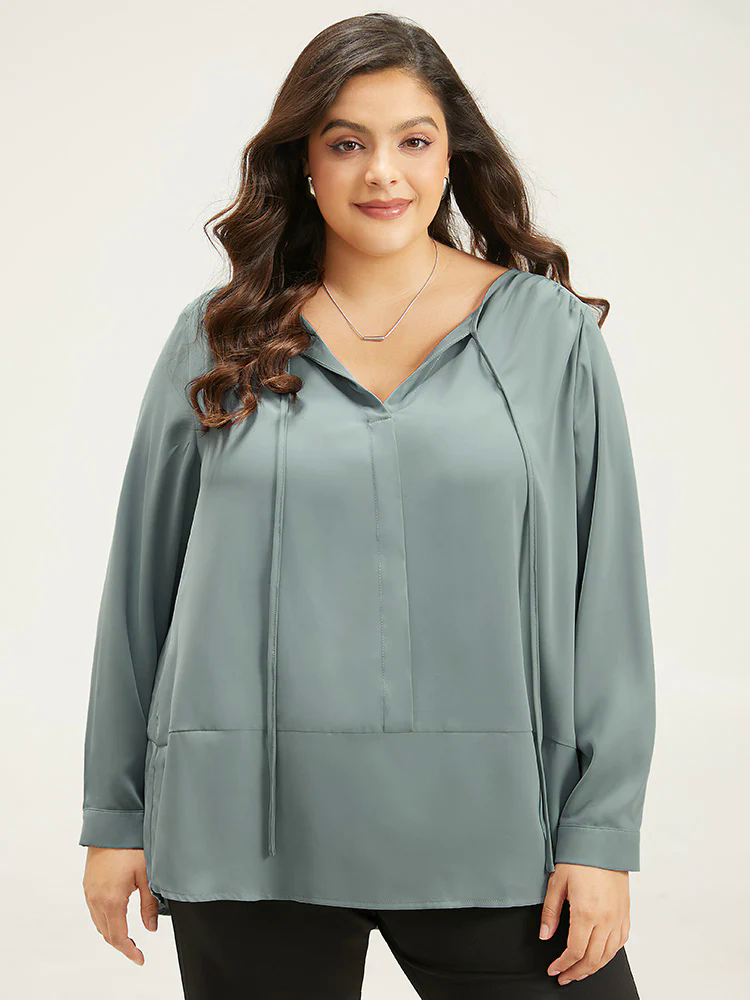 Anti-Wrinkle Solid Tie Neck Gathered Blouse Anti-Wrinkle Solid Tie Neck Gathered Blouse