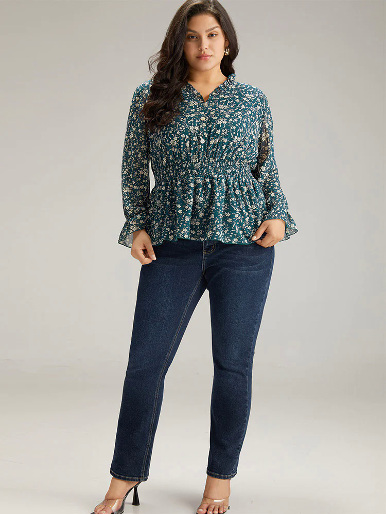 Ditsy Floral Chiffon Shirred Ruffles Frill Trim Blouse Ditsy Floral Chiffon Shirred Ruffles Frill Trim Blouse