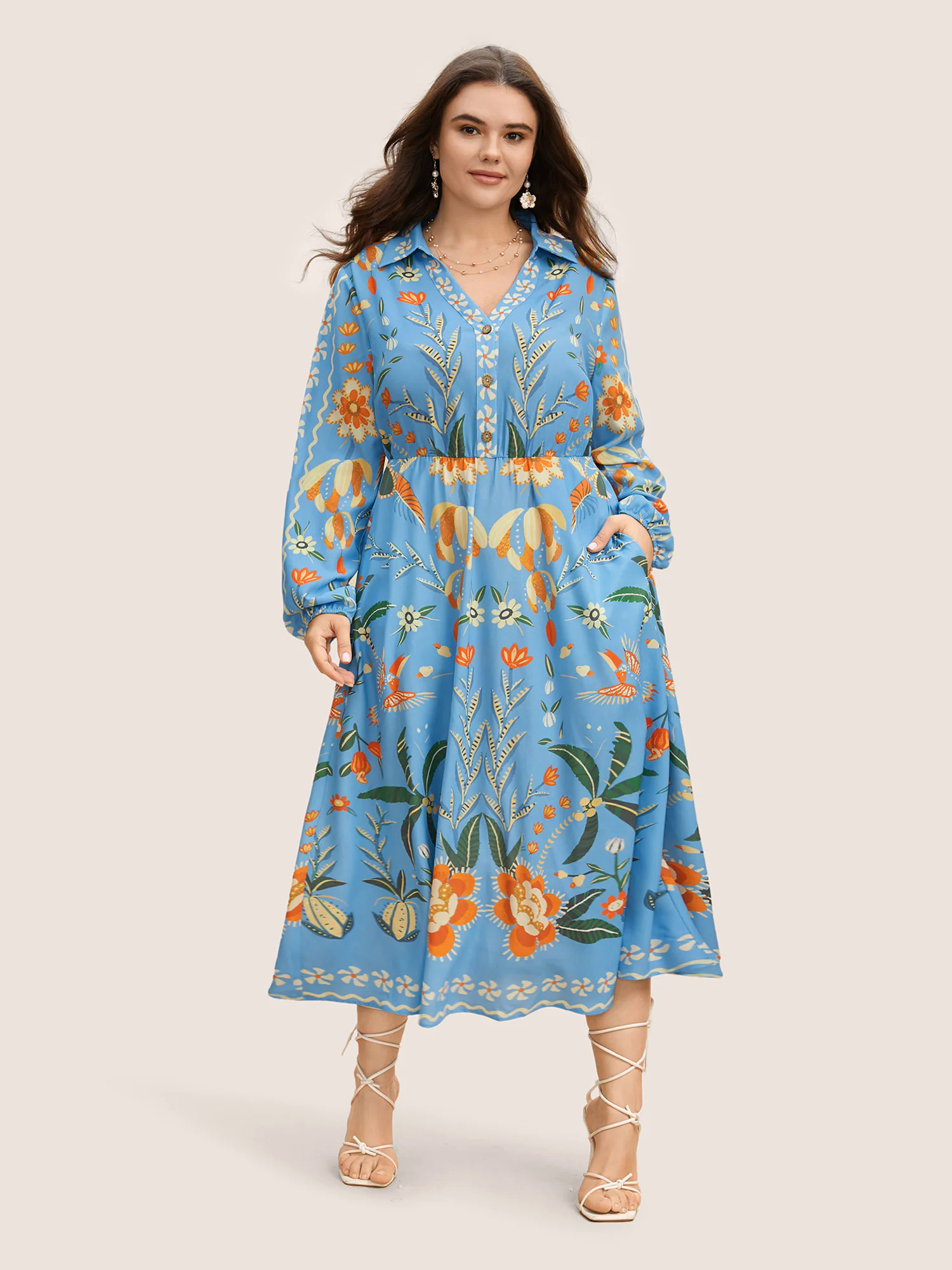 Bandana Print Pocket Lapel Collar Elastic Cuffs Dress