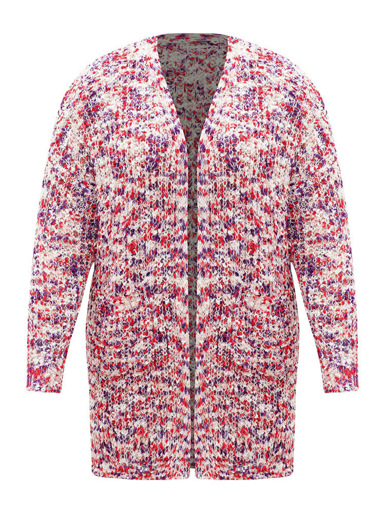 Contrast Fuzzy Open Front Patched Pocket Cardigan Contrast Fuzzy Open Front Patched Pocket Cardigan