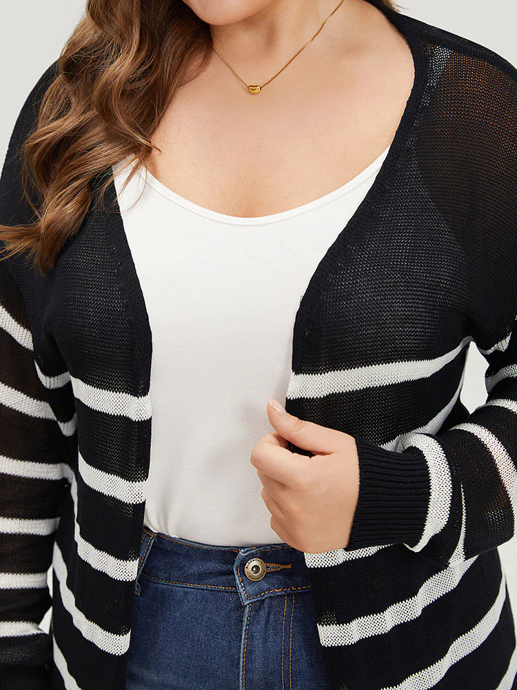 Striped Open Front Elastic Cuffs Drop Shoulder Cardigan Striped Open Front Elastic Cuffs Drop Shoulder Cardigan