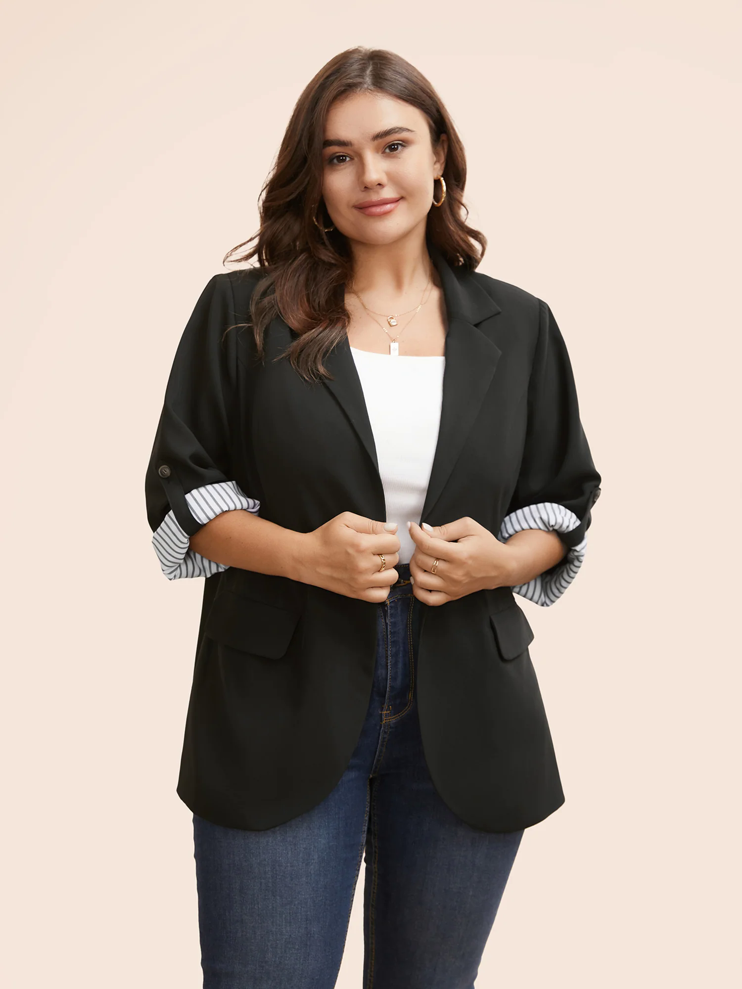 Suit Collar Striped Patchwork Tab Sleeve Blazer Suit Collar Striped Patchwork Tab Sleeve Blazer