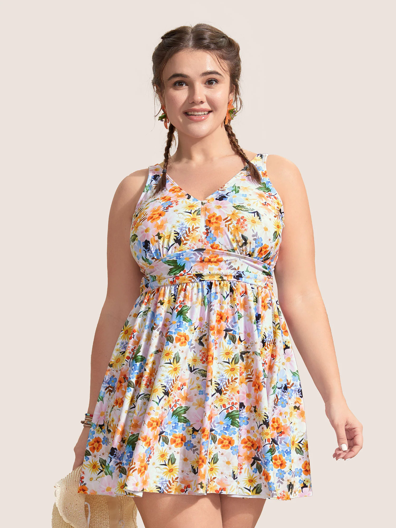 V Neck Floral Print Gathered Swim Dress V Neck Floral Print Gathered Swim Dress