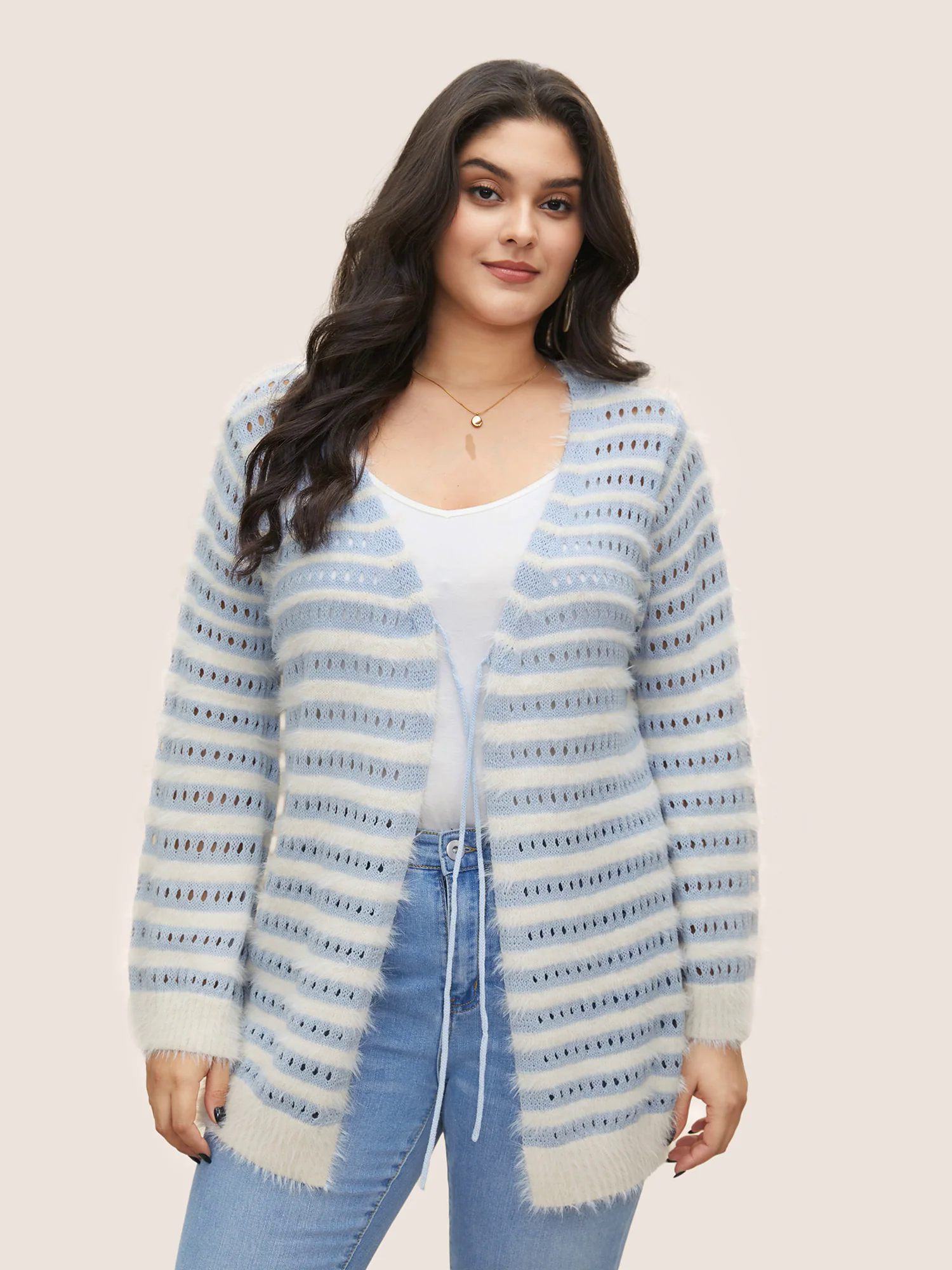 Striped Contrast Ties Front Eyelet Cardigan Striped Contrast Ties Front Eyelet Cardigan