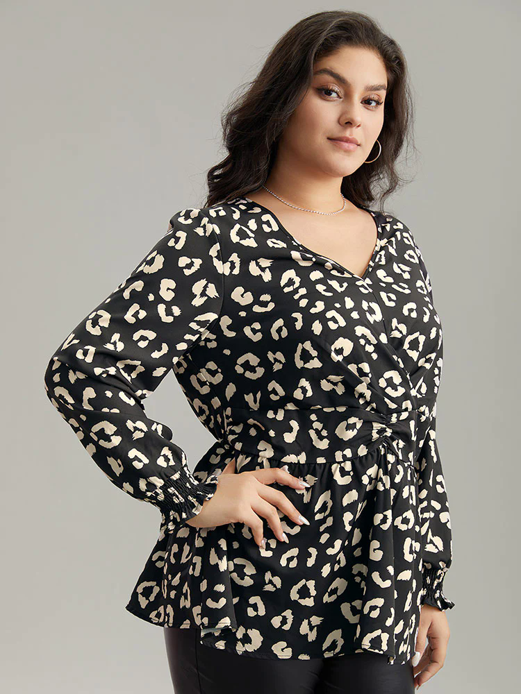 Leopard Print Crossover Ruched Shirred Blouse Leopard Print Crossover Ruched Shirred Blouse