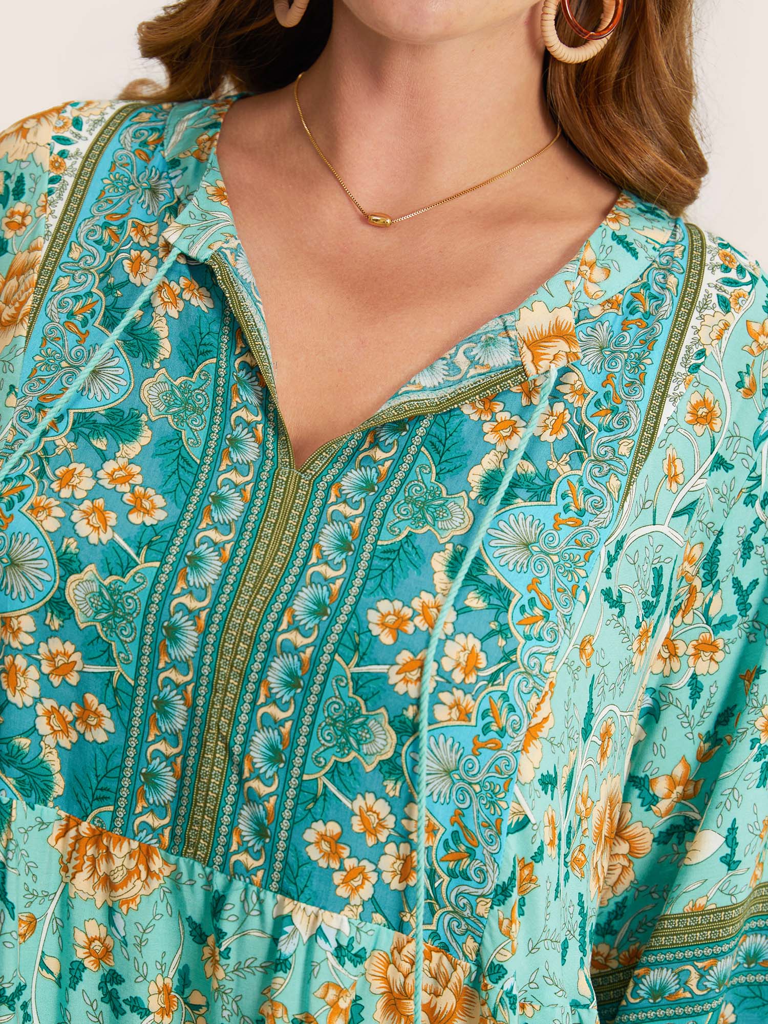 Bandana Tassels Lantern Sleeve Ruffle Pocket Keyhole Neck Dress Bandana Tassels Lantern Sleeve Ruffle Pocket Keyhole Neck Dress