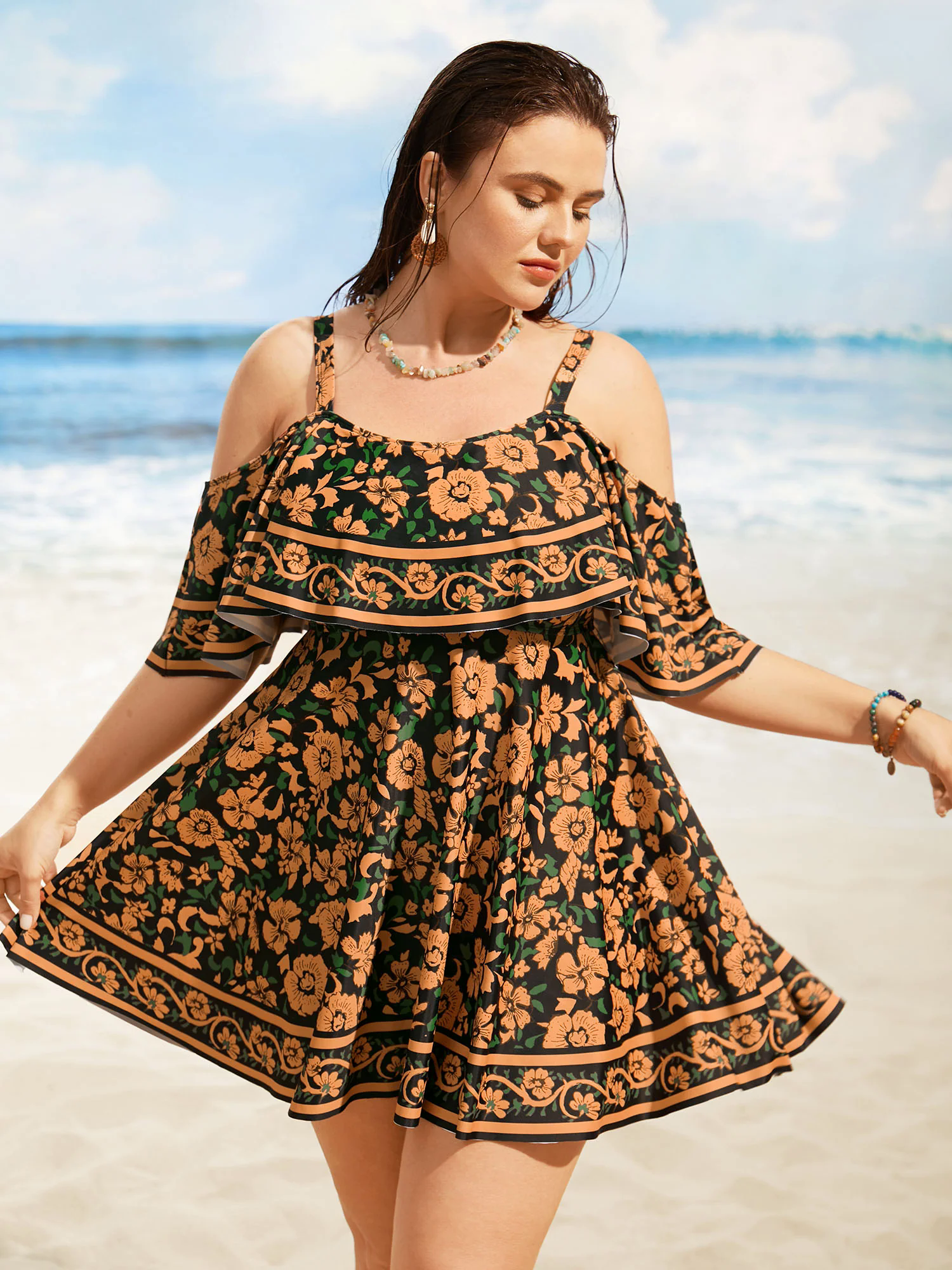 Floral One Shoulder Neck Ruffles Swim Dress Floral One Shoulder Neck Ruffles Swim Dress
