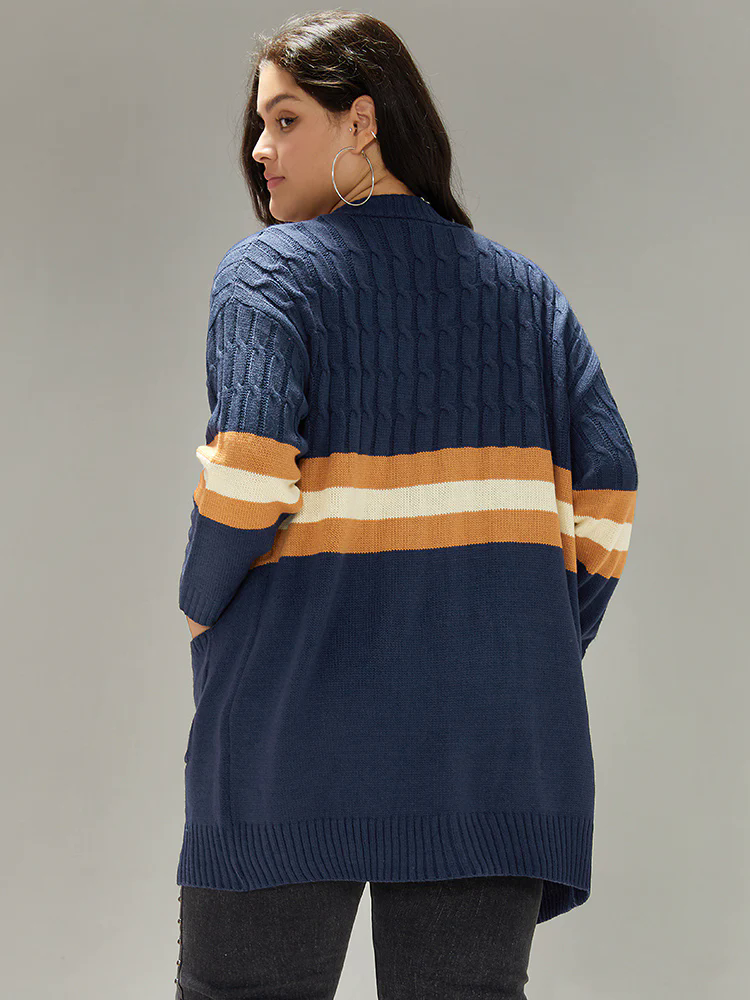 Cable Knit Colorblock Contrast Open Front Cardigan Cable Knit Colorblock Contrast Open Front Cardigan