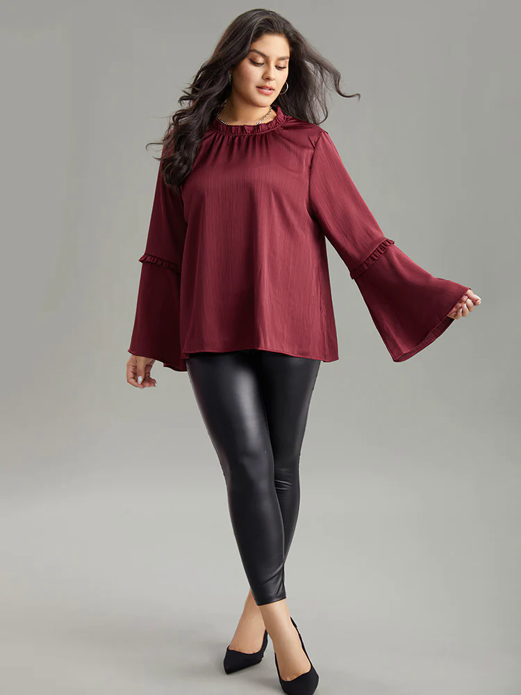 Anti-Wrinkle Plain Frill Trim Bell Sleeve Blouse Anti-Wrinkle Plain Frill Trim Bell Sleeve Blouse