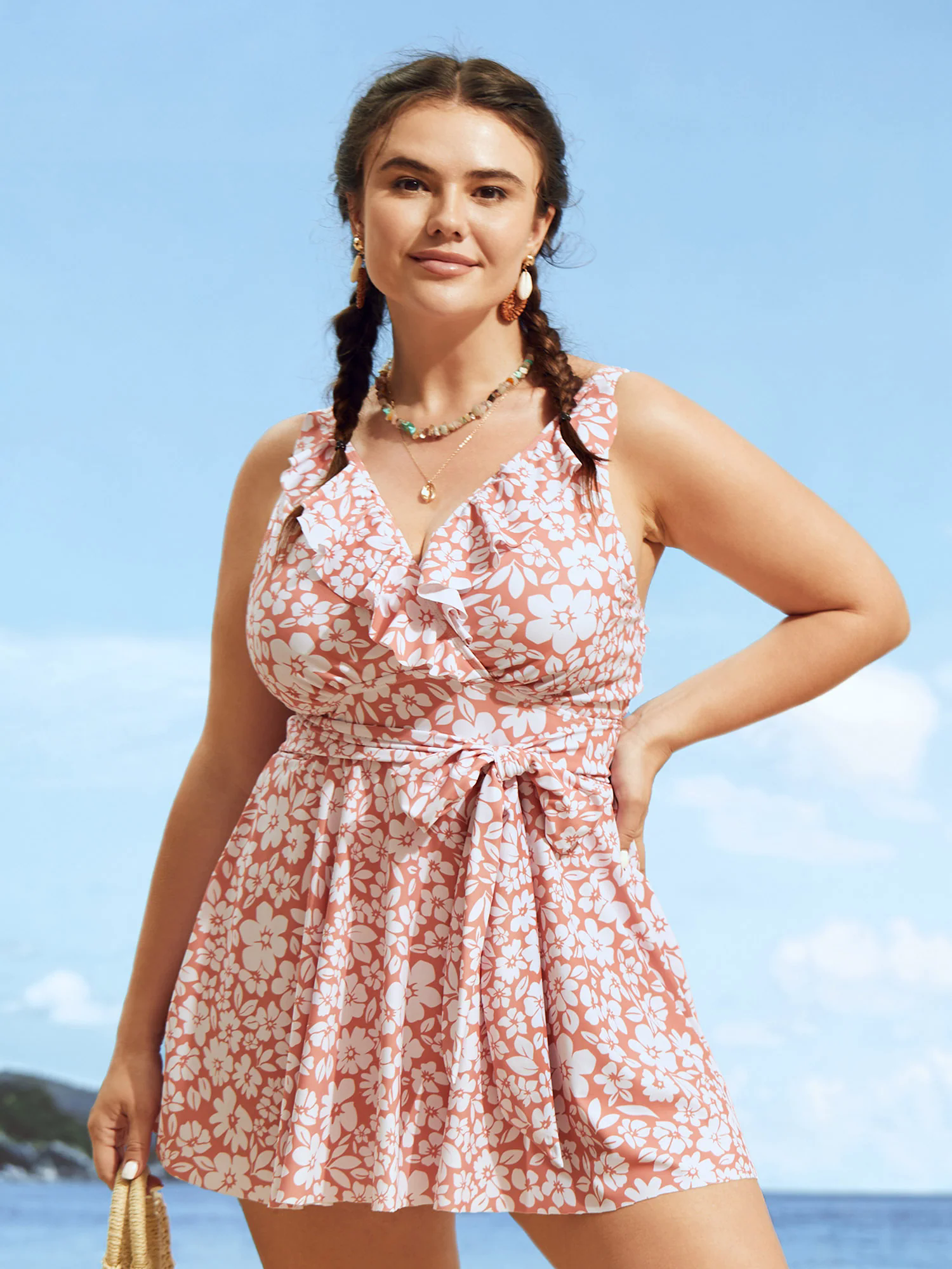Floral Tie Knot Patchwork Ruffles Swim Dress Floral Tie Knot Patchwork Ruffles Swim Dress
