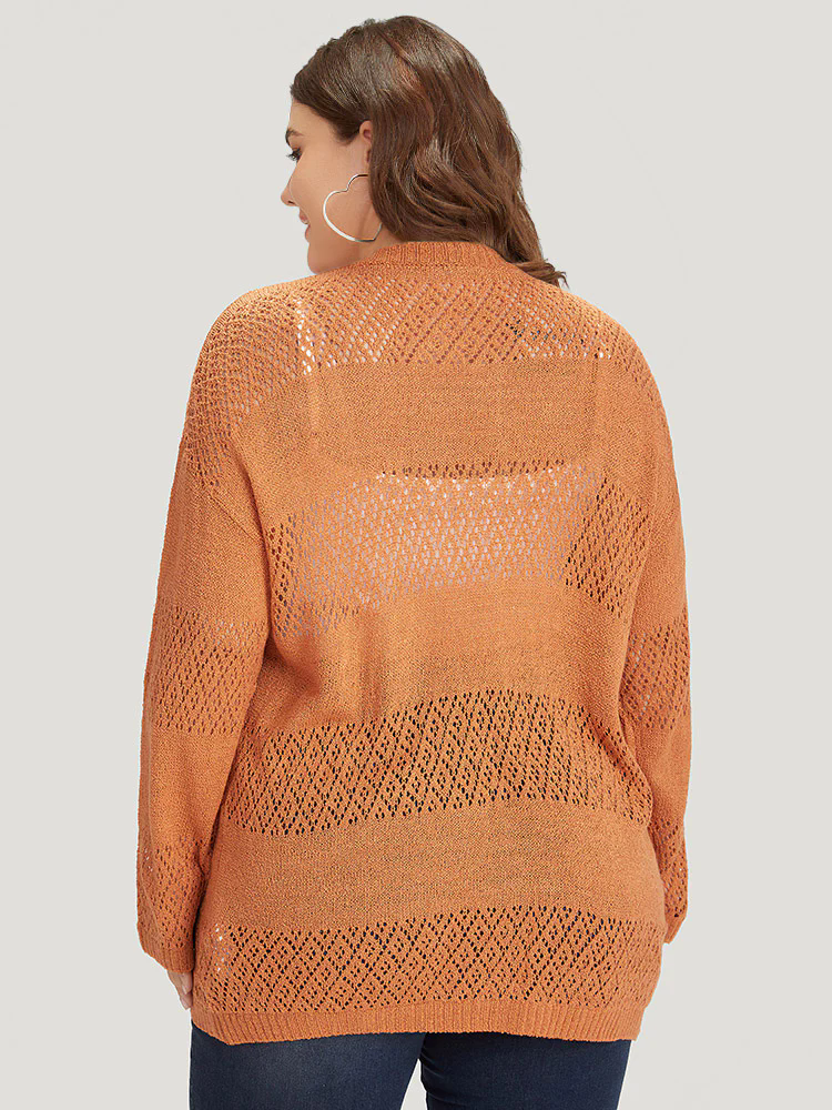 Plain Geometric Eyelet Button Through Loose Cardigan Plain Geometric Eyelet Button Through Loose Cardigan