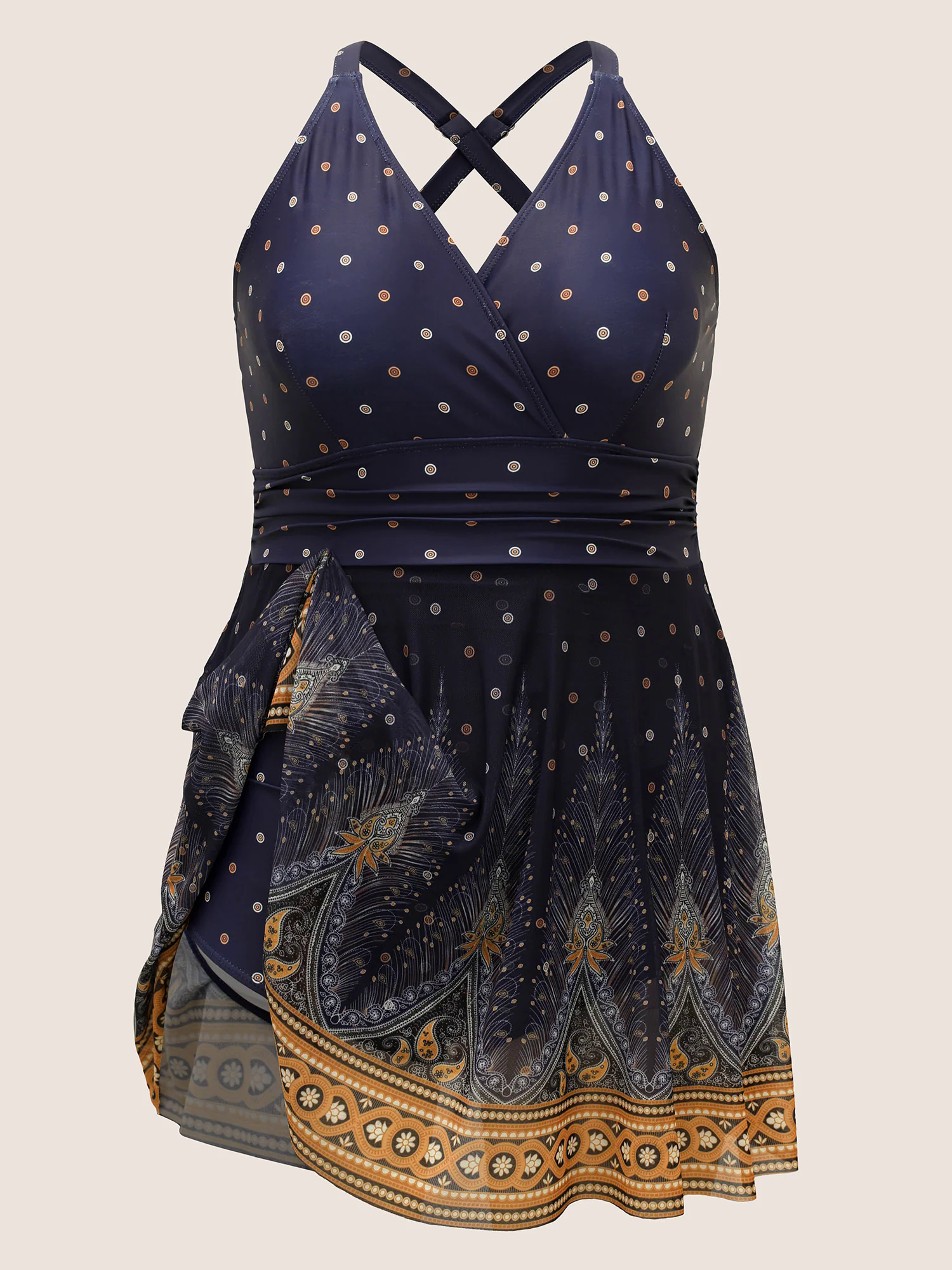 Boho Print Overlap Collar Mesh Crisscross Swim Dress Boho Print Overlap Collar Mesh Crisscross Swim Dress