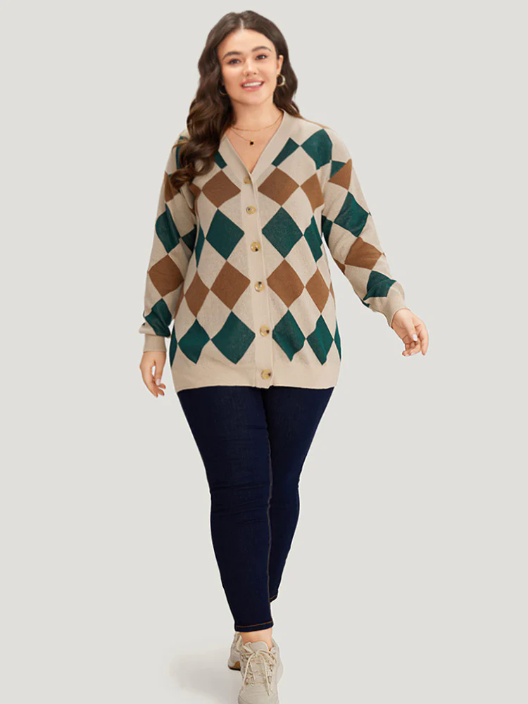 Argyle Plaid Contrast Button Up Cardigan Argyle Plaid Contrast Button Up Cardigan