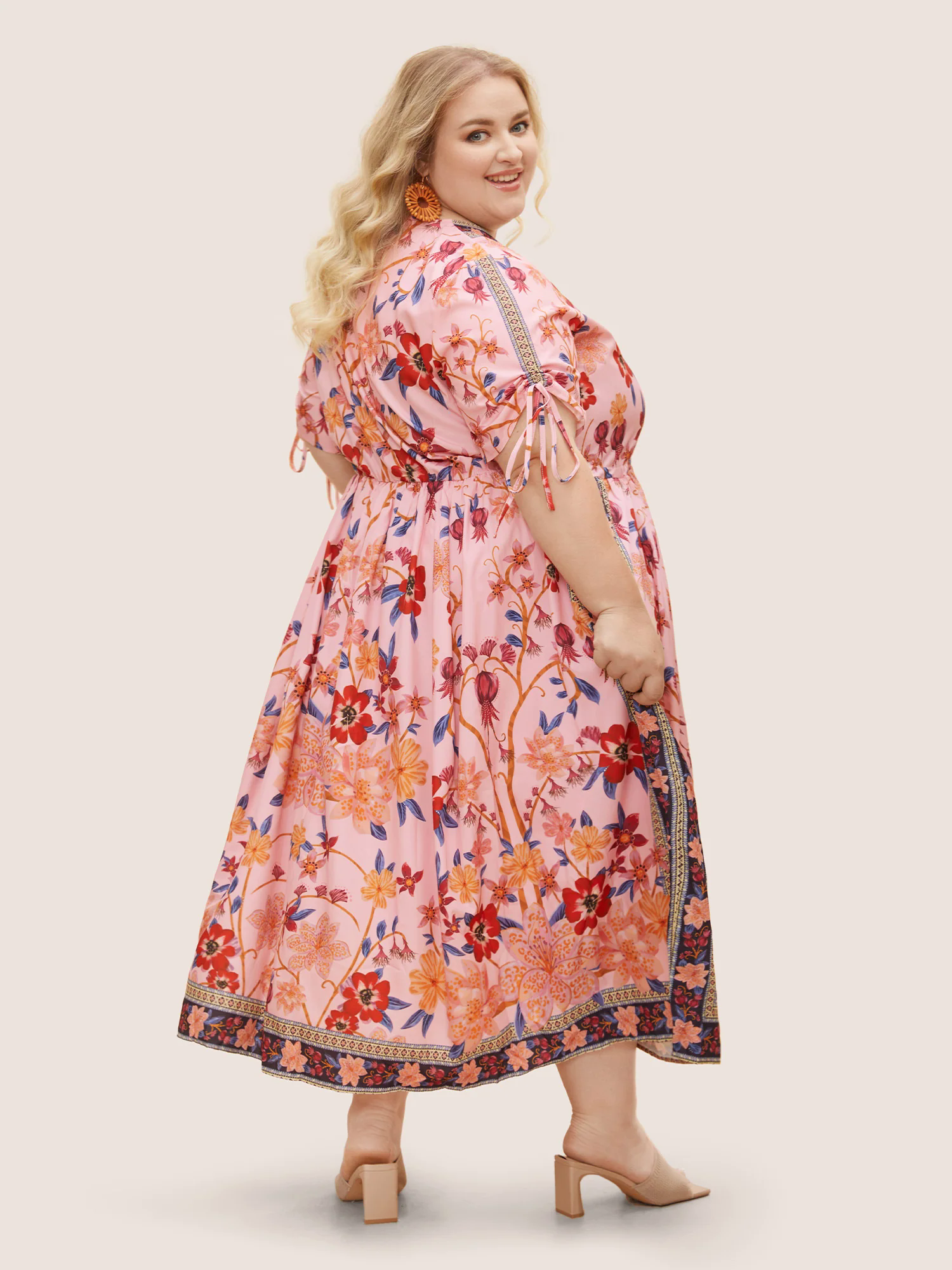 Boho Print V Neck Drawstring Dress Boho Print V Neck Drawstring Dress