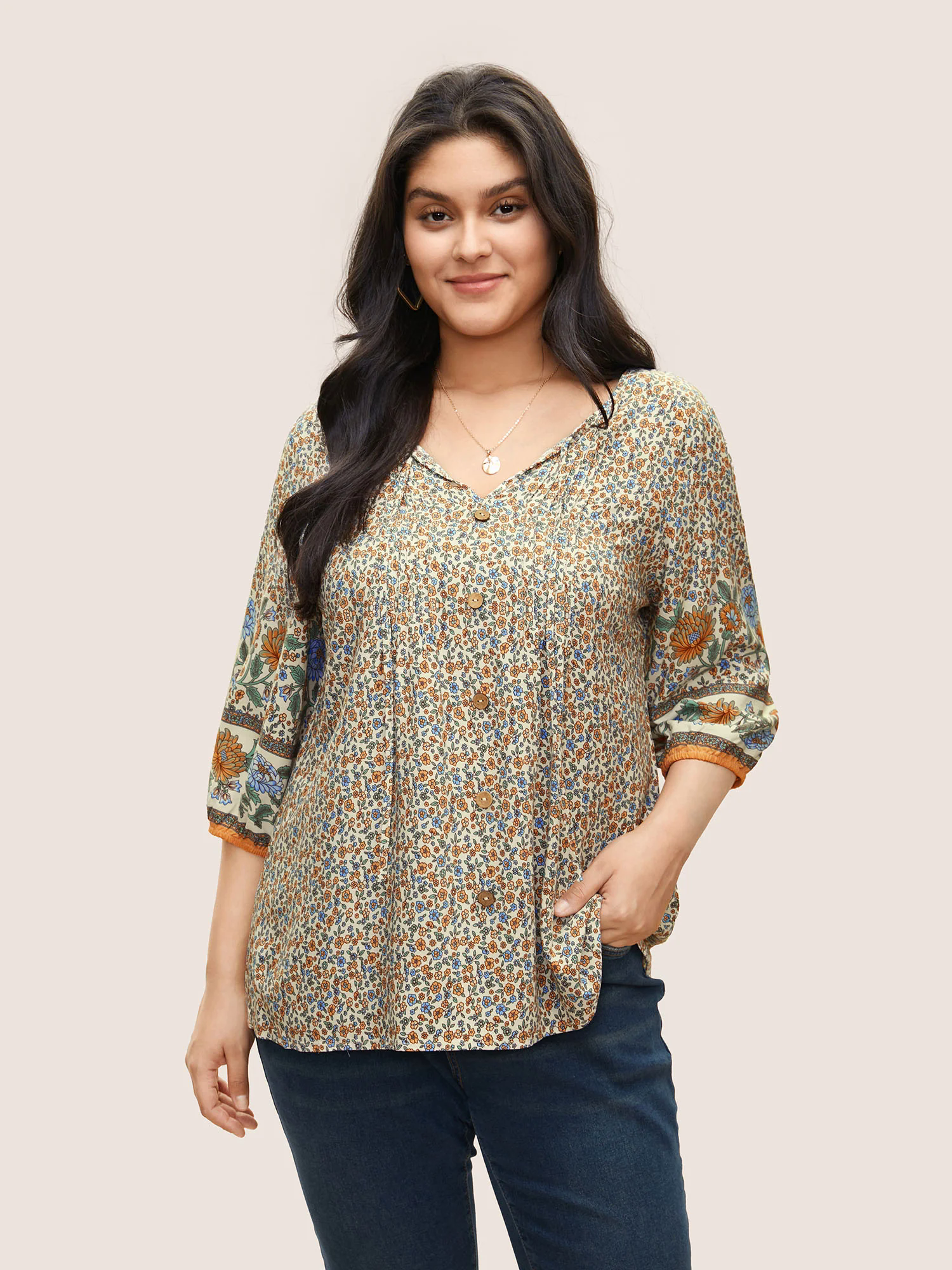 Boho Print Pleated Button Detail Tie Neck Blouse