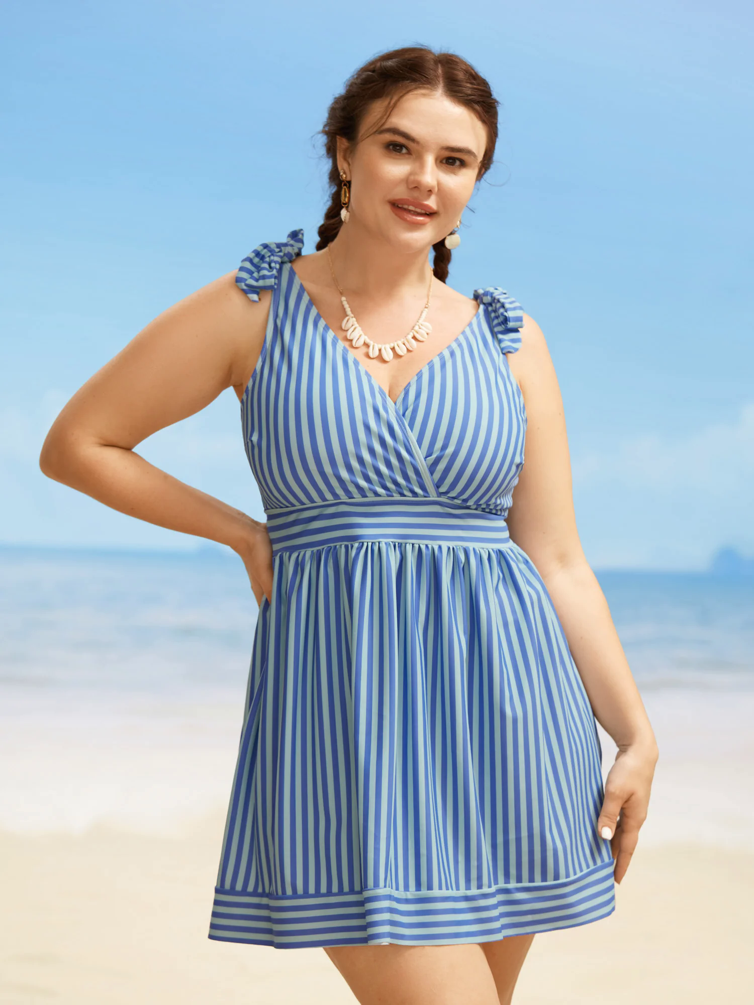 V Neck Striped Tie Knot Gathered Swim Dress V Neck Striped Tie Knot Gathered Swim Dress