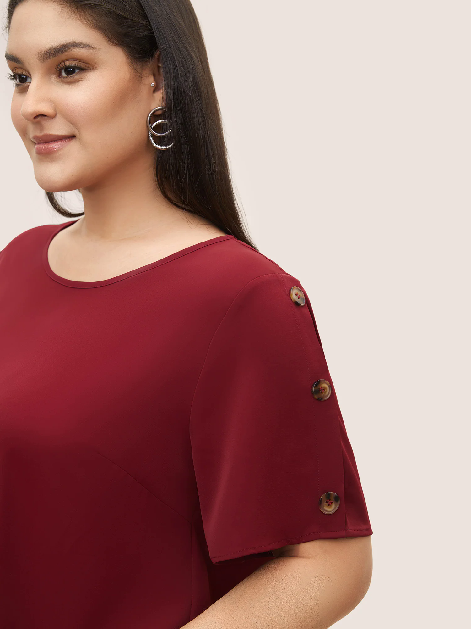 Plain Round Neck Button Detail Blouse Plain Round Neck Button Detail Blouse