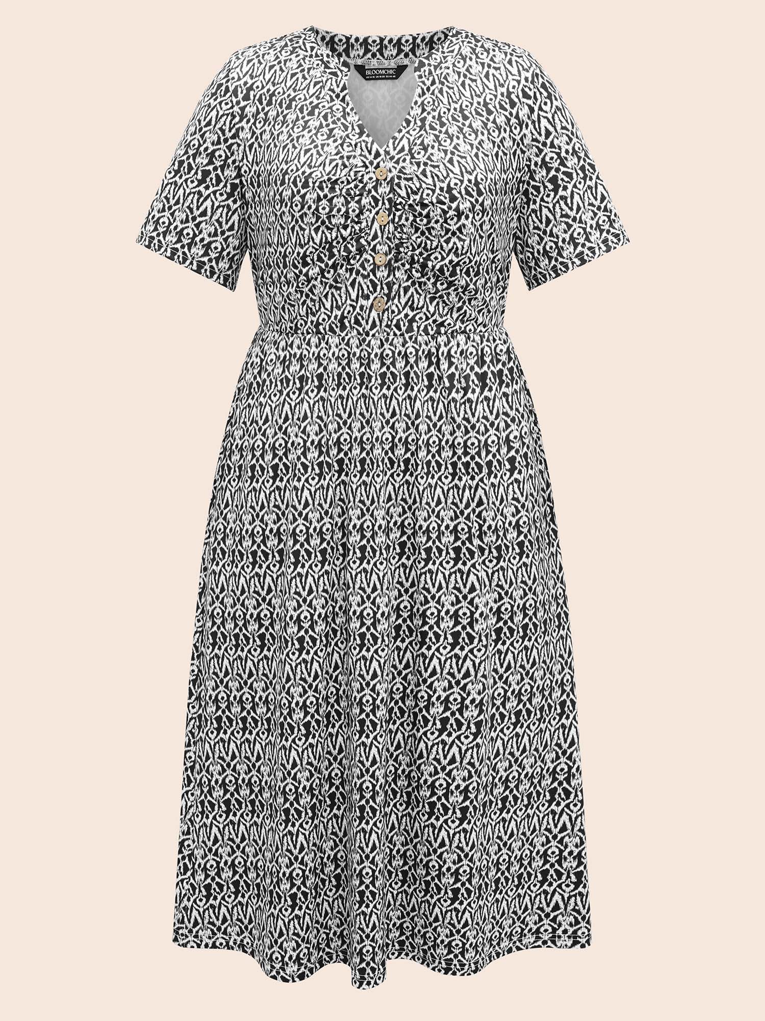 Boho Print Notched Collar Ruched Dress Boho Print Notched Collar Ruched Dress