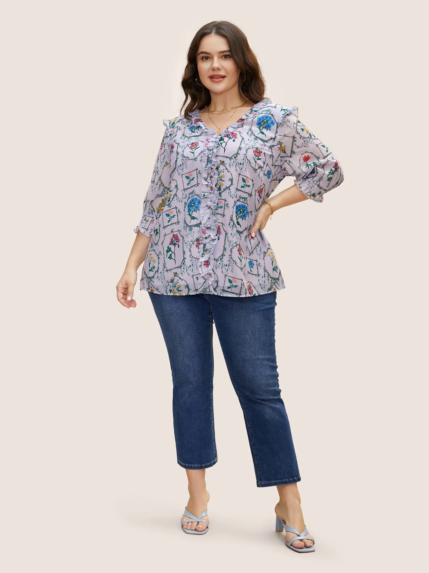 Boho Print Lantern Sleeve Ruffle Trim Blouse Boho Print Lantern Sleeve Ruffle Trim Blouse