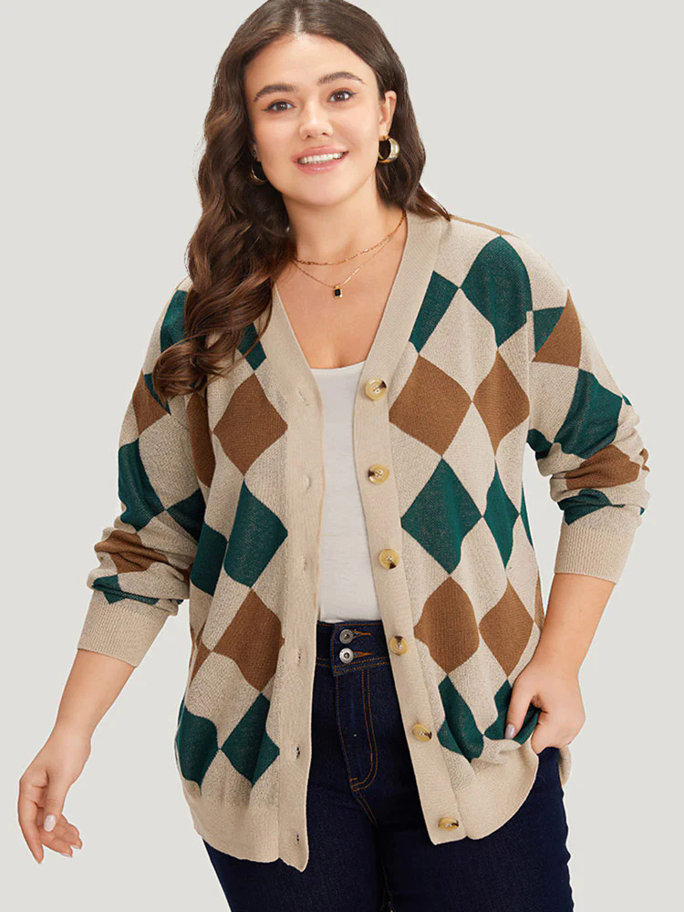 Argyle Plaid Contrast Button Up Cardigan Argyle Plaid Contrast Button Up Cardigan