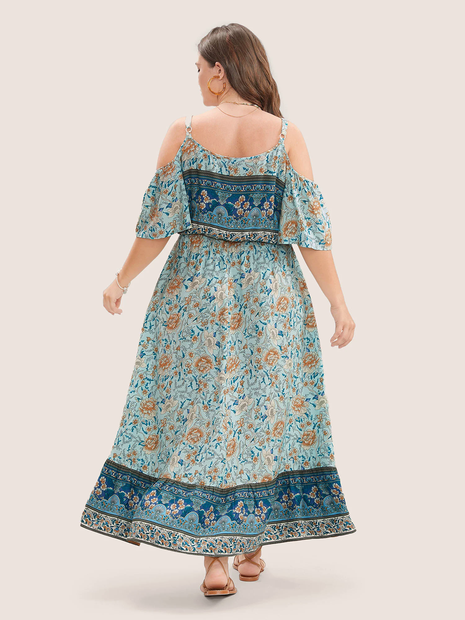 Floral Print Pocket Keyhole Ruffles Cold Shoulder Maxi Dress Floral Print Pocket Keyhole Ruffles Cold Shoulder Maxi Dress