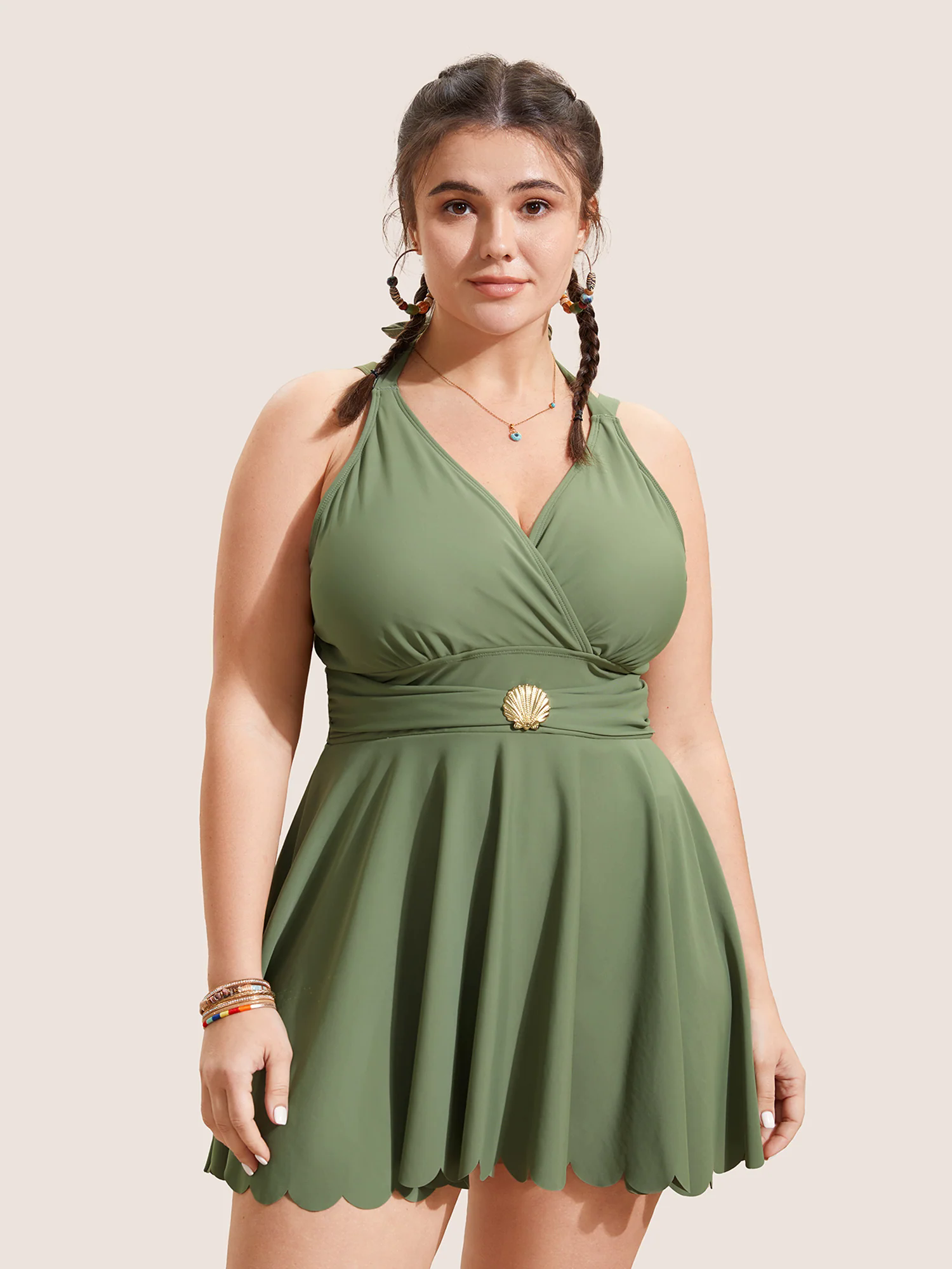 Solid Tie Knot Metal Shell Detail Swim Dress Solid Tie Knot Metal Shell Detail Swim Dress